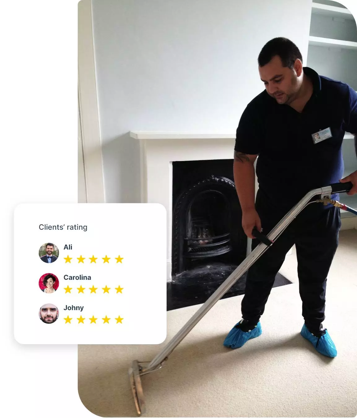 Cleaner performing after builders cleaning Dunedin, wearing safety gear and mopping a tiled floor in a newly constructed or renovated space.
