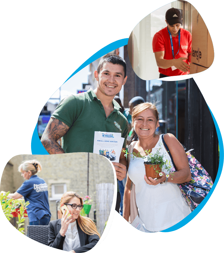 Fantastic Services team members assisting customers and working outdoors, showcasing various home and garden services.