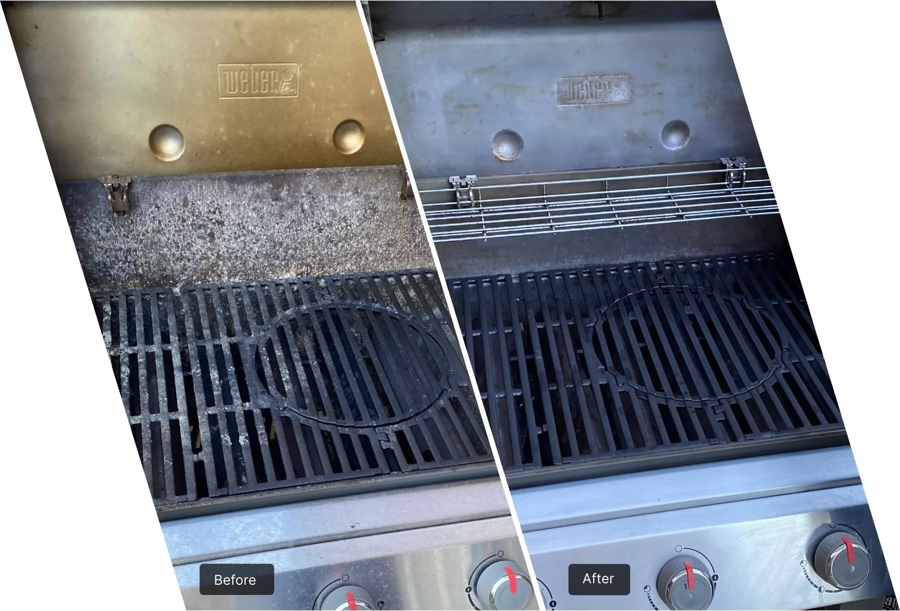 Before and after images of a Weber BBQ cleaning service, showcasing the transformation from a dirty, grease-covered grill with food debris to a clean, shiny BBQ with a clear grate, highlighting the effectiveness of professional BBQ cleaning.
