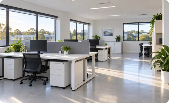 Spotless open-plan office at dawn