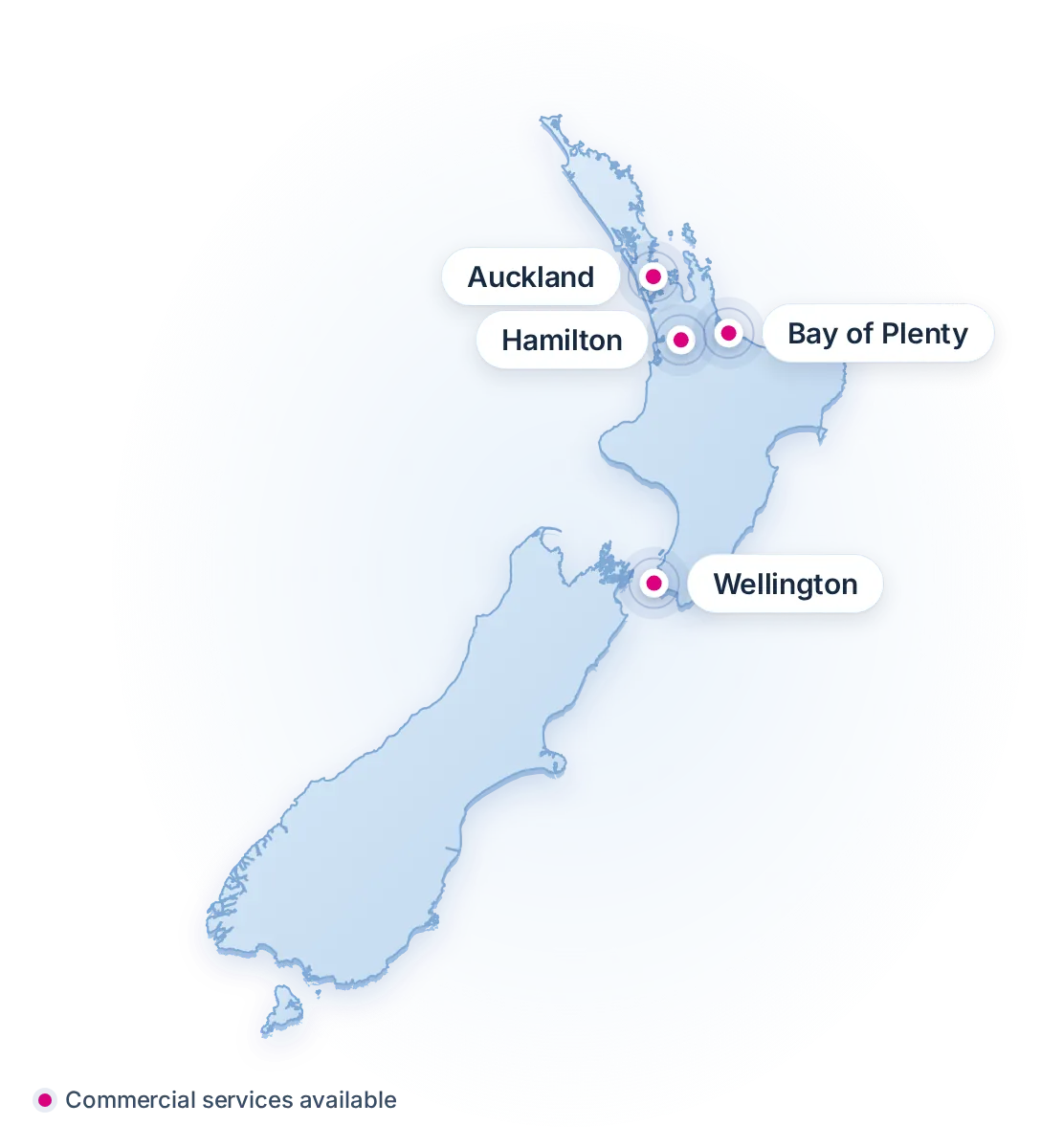 Map of New Zealand showing Fantastic Services commercial coverage in Auckland, Hamilton, Bay of Plenty and Wellington